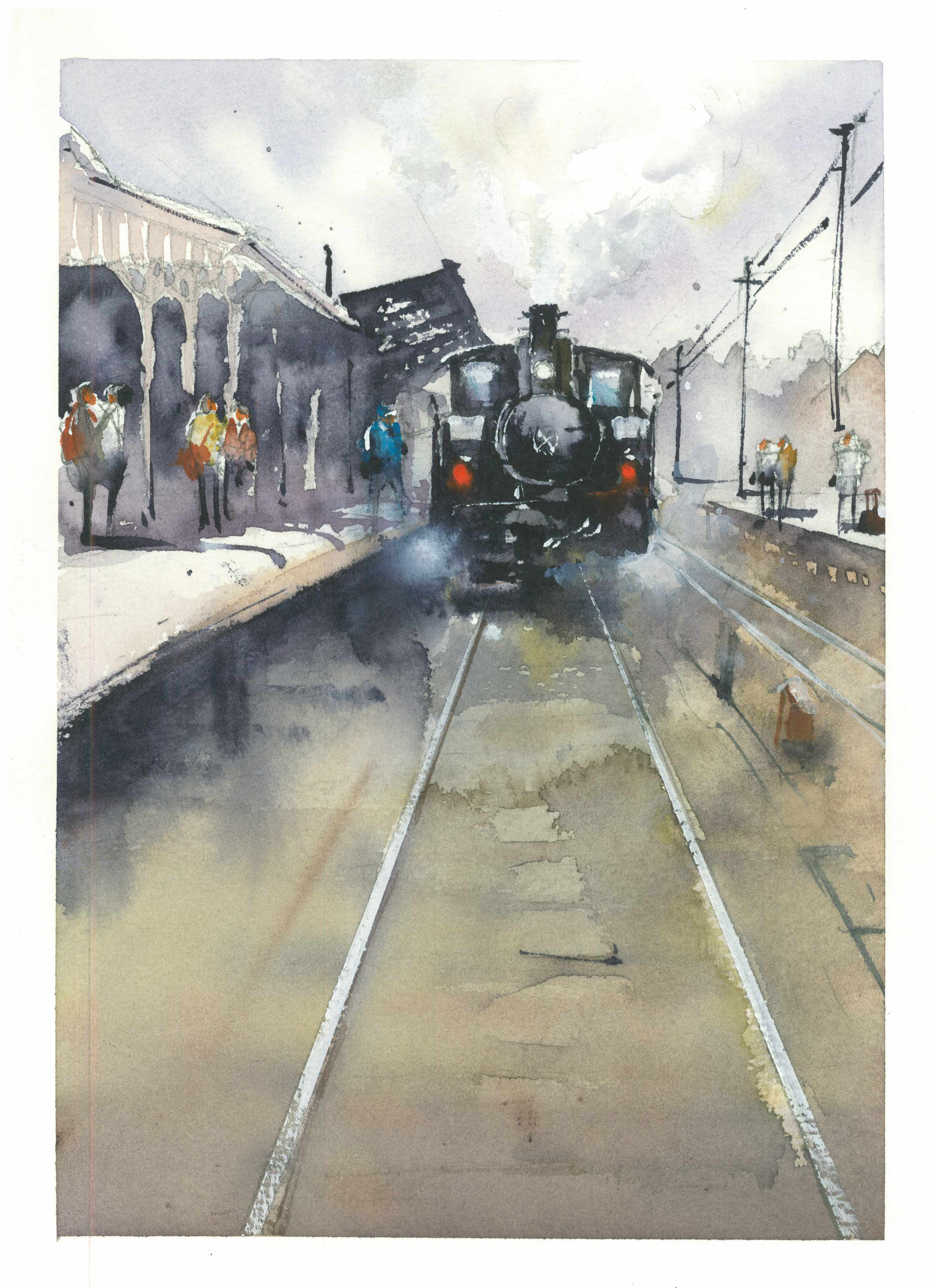 蒸気機関車 駅 鉄道 線路 煙 機関車 水彩画 手描き 原画 絵画
