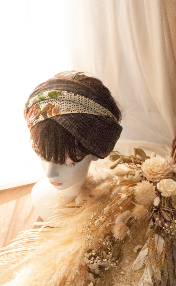 古典復古風格超寬捲髮帶，視覺效果、頭巾、交叉頭巾、髮帶 第3張的照片