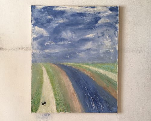 油絵「可愛い散歩道」原画　額付 e90901970390bbc44f8247a9a241de