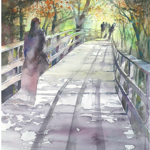 秋の石神井公園 公園 女性 秋 散歩 水彩画 手描き 原画 絵画