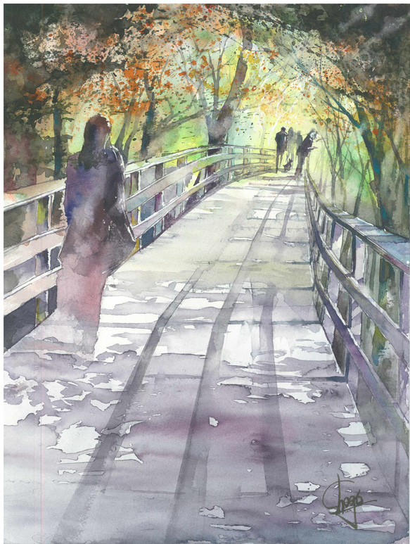 秋の石神井公園 公園 女性 秋 散歩 水彩画 手描き 原画 絵画