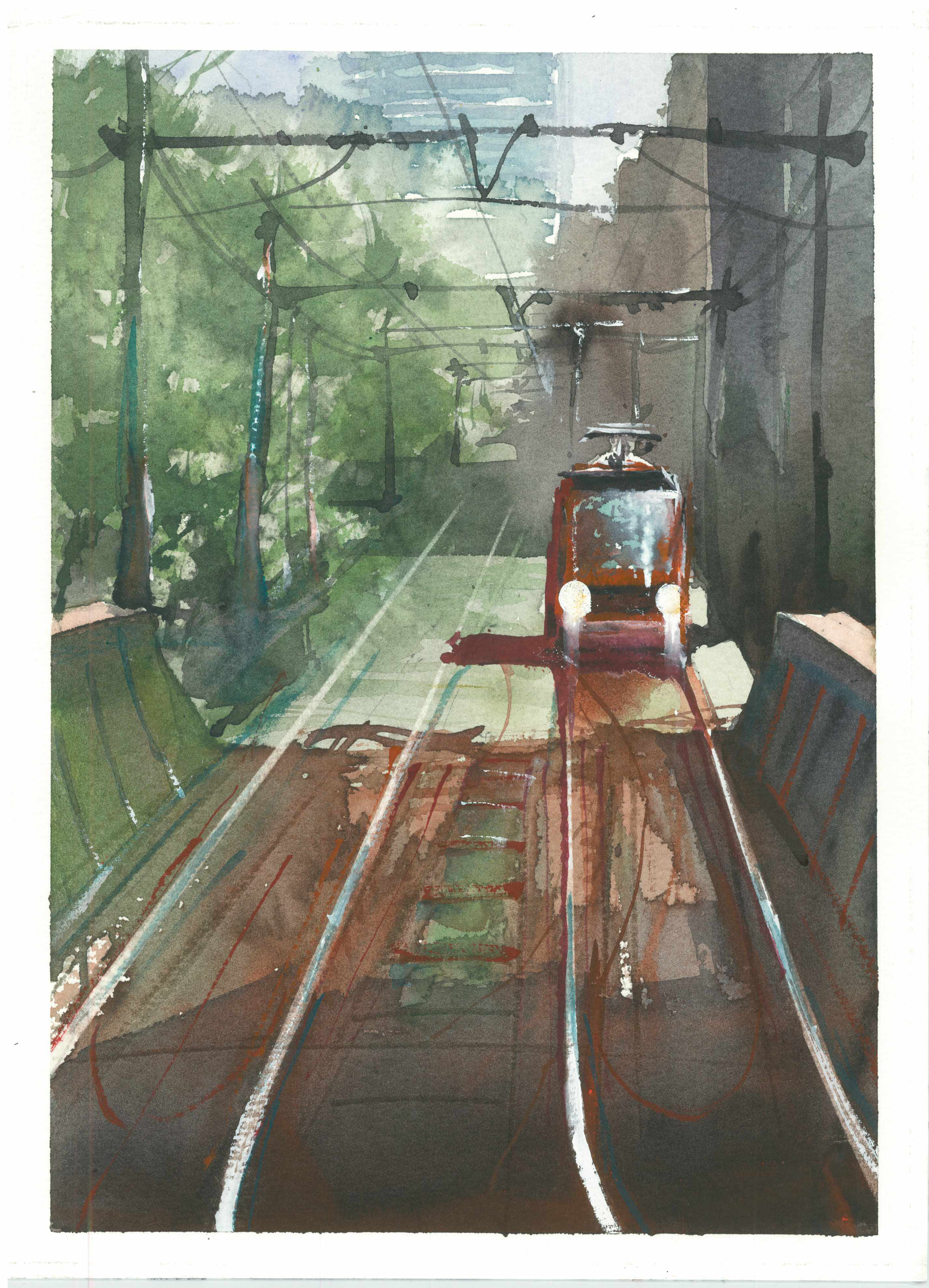 TODEN 都電 荒川線 電車 線路 水彩画 手描き 原画 絵画 SHOGO