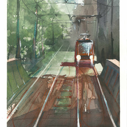 TODEN 都電 荒川線 電車 線路 水彩画 手描き 原画 絵画 SHOGO