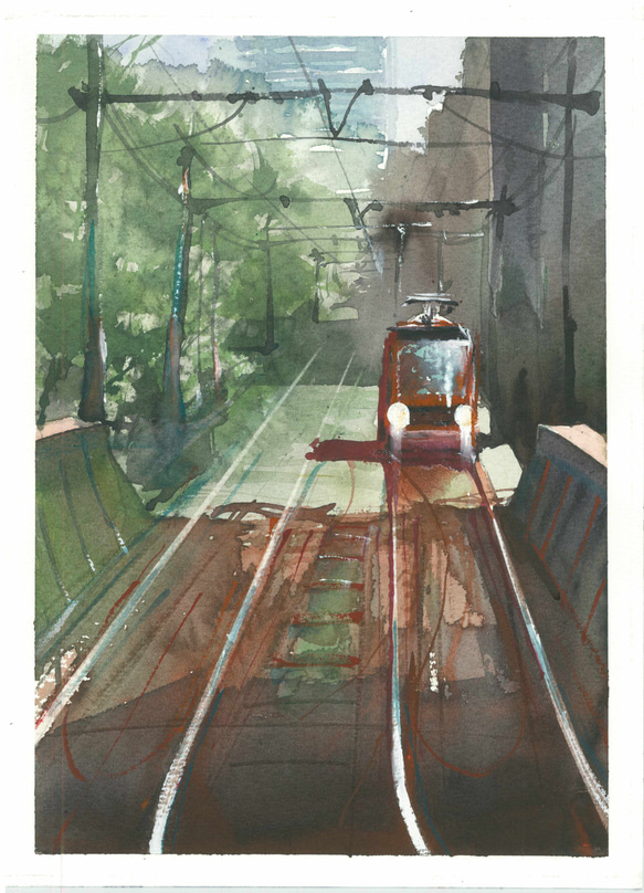 TODEN 都電　荒川線　電車　線路　水彩画　手描き　原画 1枚目の画像