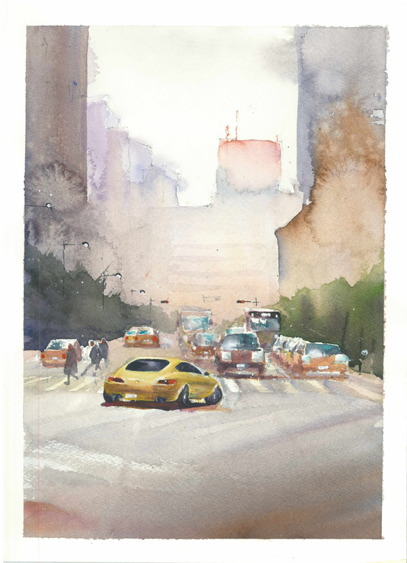 街　車　ビル　道　空　水彩画　手描き　原画　アート 1枚目の画像