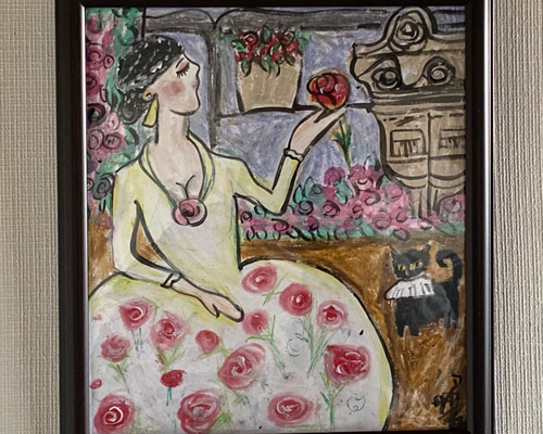 絵画 。壁掛け絵【美しい赤いバラ園でワインを飲みながら白い猫を抱いている少女】 6614b527cbb50f5f84b972640a6c9e
