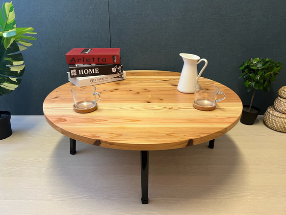 木製天板×スチール脚◾️折りたたみテーブル 丸テーブル コーヒーテーブル 送料無料】 ローテーブル 丸形 90cm 杉 折りたたみ脚 ロー