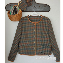 こっくり秋色　パイピング仕様チェック柄　ノーカラージャケット【春秋冬】ブラウン系 5枚目の画像