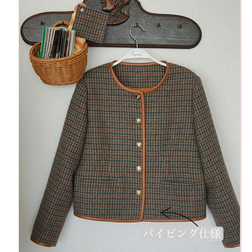 ノーカラージャケット/モヘア 金ボタン 起毛 チェック柄 ポケット パイピング こっくり色 パイピング仕様チェック柄 ノーカラージャケット【春秋冬