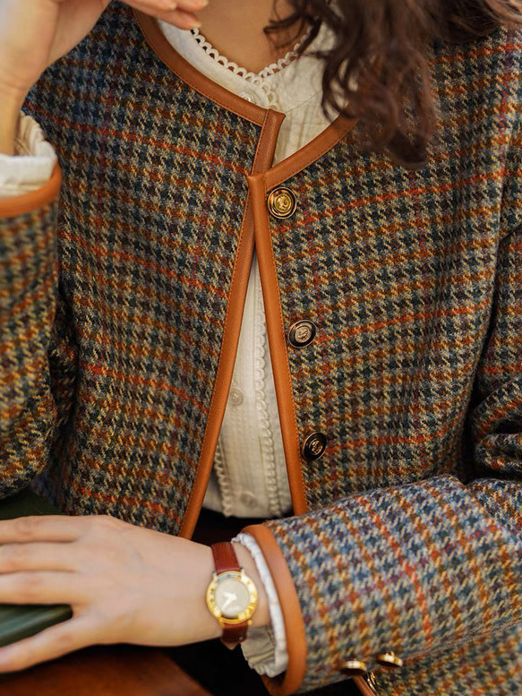 こっくり秋色　パイピング仕様チェック柄　ノーカラージャケット【春秋冬】ブラウン系 6枚目の画像