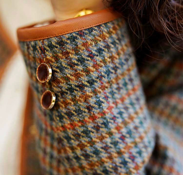 こっくり秋色　パイピング仕様チェック柄　ノーカラージャケット【春秋冬】ブラウン系 9枚目の画像