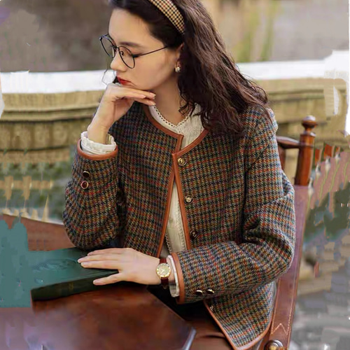 こっくり秋色 パイピング仕様チェック柄 ノーカラージャケット【春秋冬