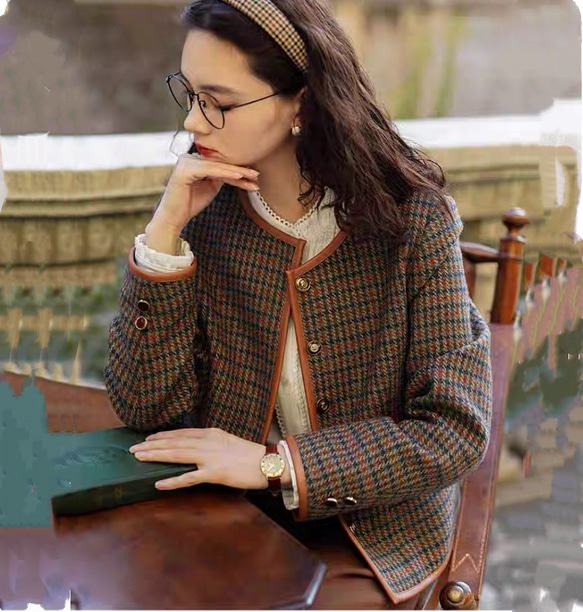 こっくり秋色　パイピング仕様チェック柄　ノーカラージャケット【春秋冬】ブラウン系 1枚目の画像