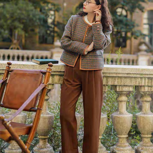 こっくり秋色 パイピング仕様チェック柄 ノーカラージャケット