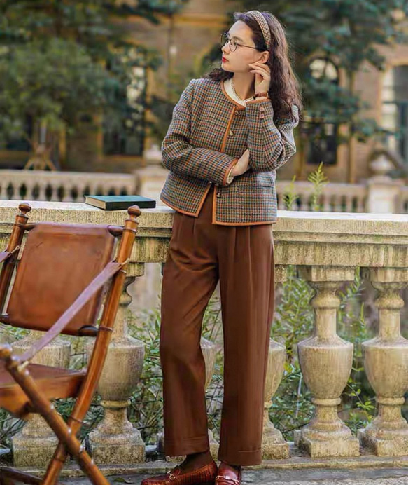 こっくり秋色　パイピング仕様チェック柄　ノーカラージャケット【春秋冬】ブラウン系 11枚目の画像