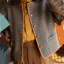 こっくり秋色　パイピング仕様チェック柄　ノーカラージャケット【春秋冬】ブラウン系 7枚目の画像