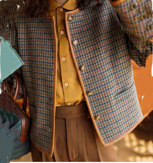 こっくり秋色　パイピング仕様チェック柄　ノーカラージャケット【春秋冬】ブラウン系 7枚目の画像