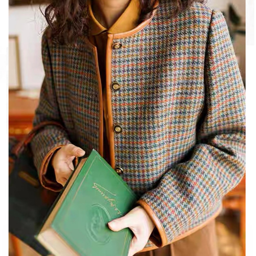 こっくり秋色 パイピング仕様チェック柄 ノーカラージャケット【春秋冬