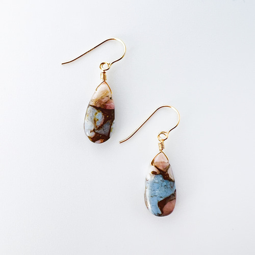 Style.K】 14kgf ブルーオパールピンクオパールコッパー ピアス 天然石