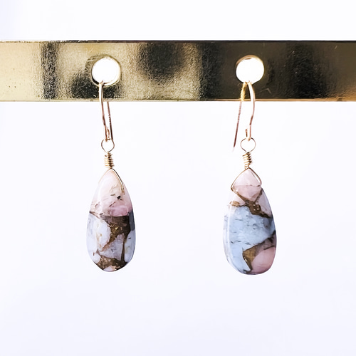 Style.K】 14kgf ブルーオパールピンクオパールコッパー ピアス 天然石