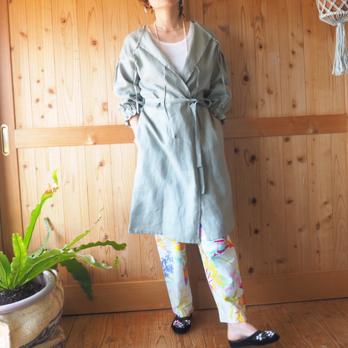 割烹着 リネンエプロン ワンピース うぐいす ワンピース The TonES