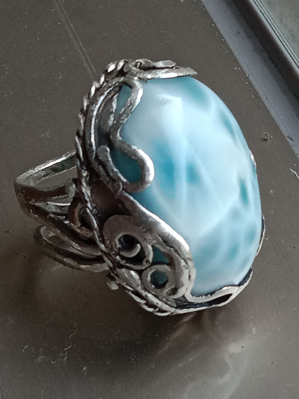 ラリマー手作りシルバーリング スターリングシルバーリング ～「運命をたどる」～ Larimar Silver Ring 2枚目の画像