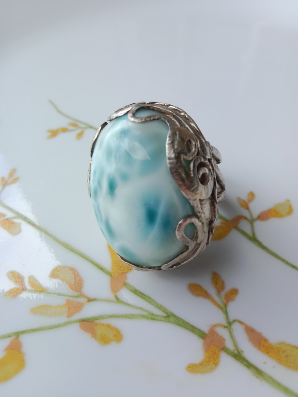 ラリマー手作りシルバーリング スターリングシルバーリング ～「運命をたどる」～ Larimar Silver Ring 3枚目の画像