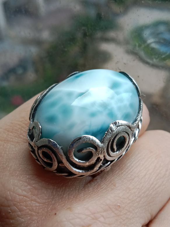 ラリマー手作りシルバーリング スターリングシルバーリング ～「運命をたどる」～ Larimar Silver Ring 1枚目の画像