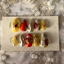 古典菊桜ネイルチップ(黄×橙×白×赤×金×茶×パール×ストーン 2枚目の画像