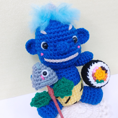 ☆節分飾り♪一本角の青鬼ベビー＆恵方巻＆柊鰯♪♪あみぐるみ