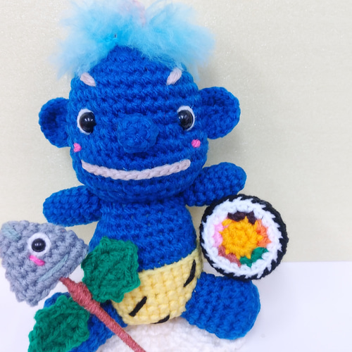 ☆節分飾り♪一本角の青鬼ベビー＆恵方巻＆柊鰯♪♪あみぐるみ