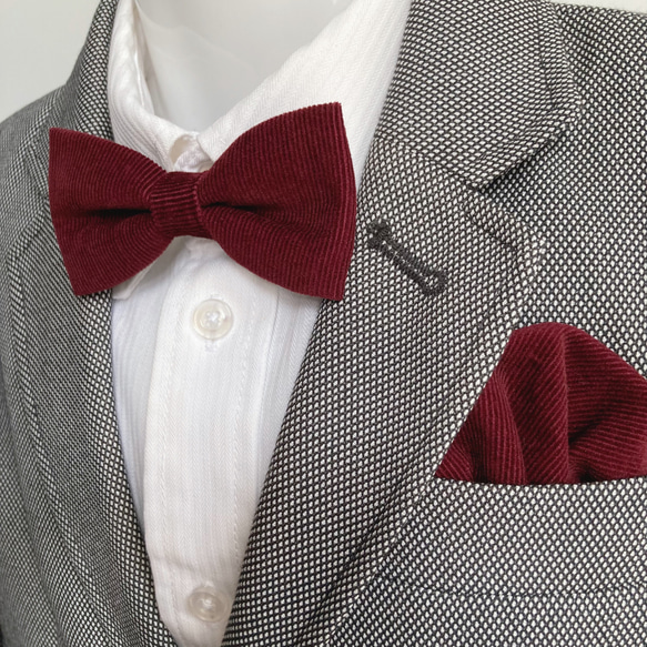 ベビーから大人の方まで★蝶ネクタイ＆ワンタッチポケットチーフ　コーデュロイ　ボルドー　SサイズAタイプ 3枚目の画像