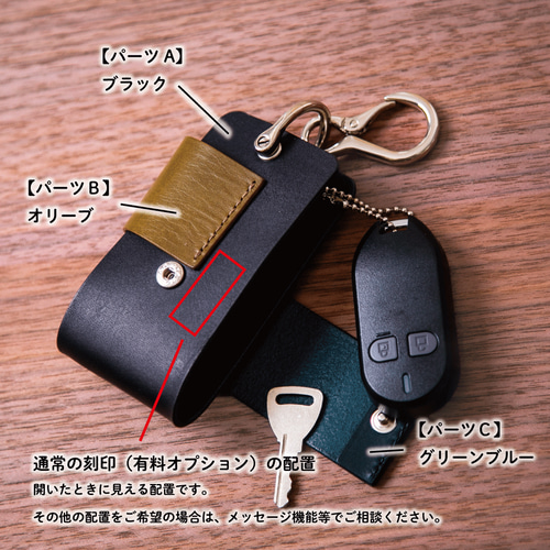 革のシンプルキーケース　オリーブグリーン ダークグリーンのイタリア革で作った4連キーケース「革鞄のHERZ