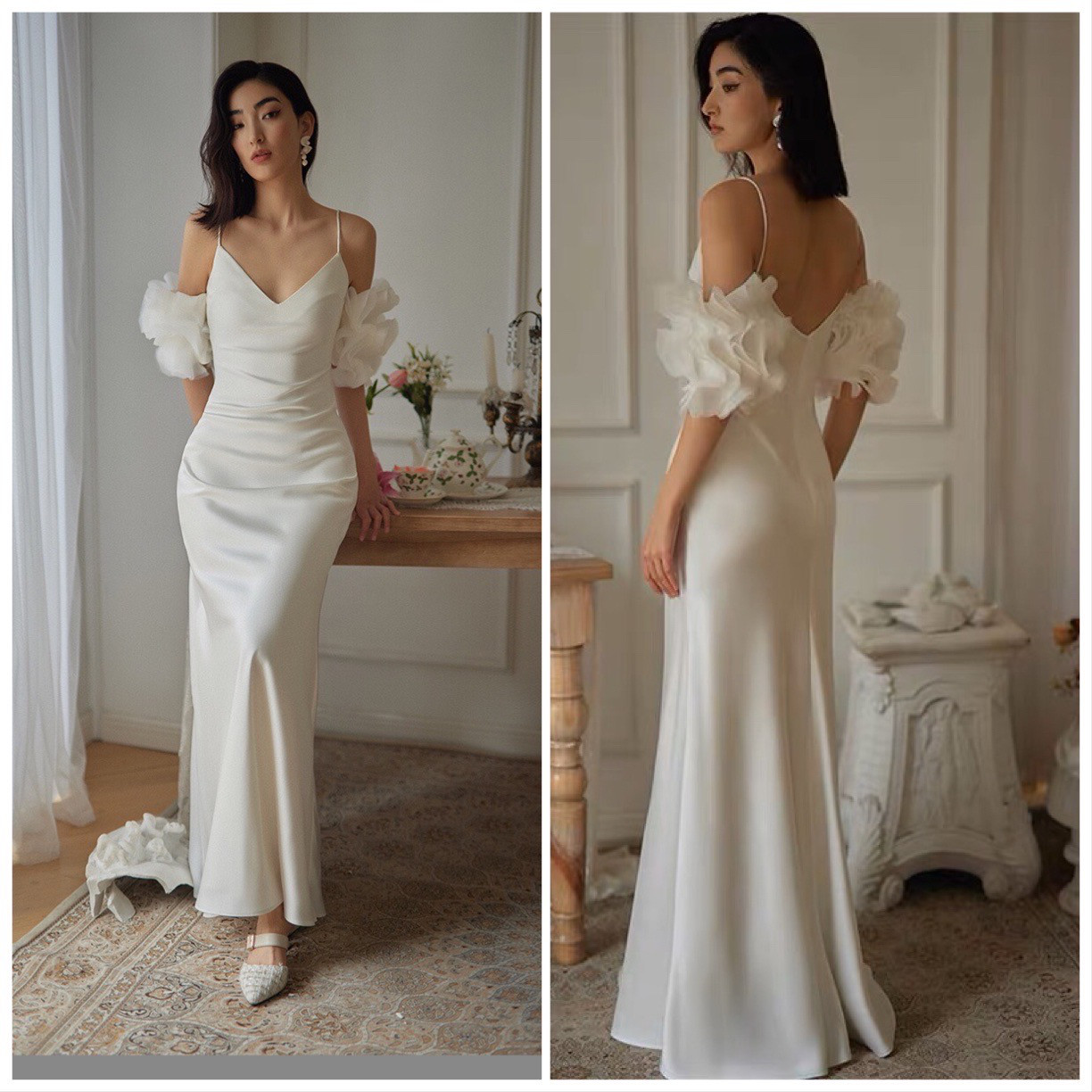 スパゲティストラップ ティアードチュールウエディングドレス