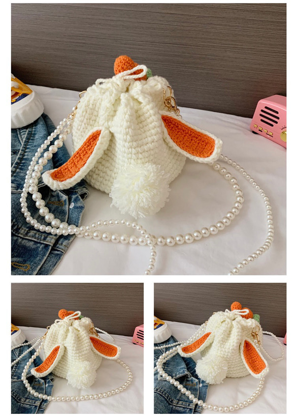 【受注製作】うさぎ巾着型編みバッグ　パールチェーン2種類付き　耳色オレンジ 1枚目の画像