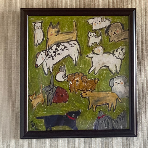 絵画 。壁掛け絵原画【晴れて草の上で楽しく遊んでいる猫と犬