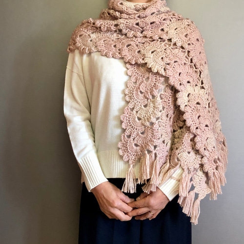 受注製作】大判 手編みショール＊大人ピンクのグラデーション（ラメ