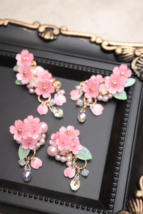 桜しゃらりん*bijouのピアス／イヤリング　花、ピンク、春、ギフト 12枚目の画像
