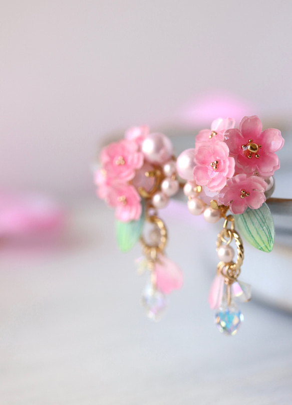 櫻花Shararin*bijou 耳環/耳環、花、粉紅色、春天、禮物 第2張的照片