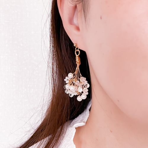 小枝の朝つゆブーケピアス・イヤリング ゴールド／ウェディング