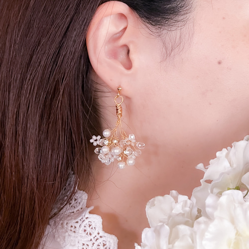 小枝の朝つゆブーケピアス・イヤリング ゴールド／ウェディング