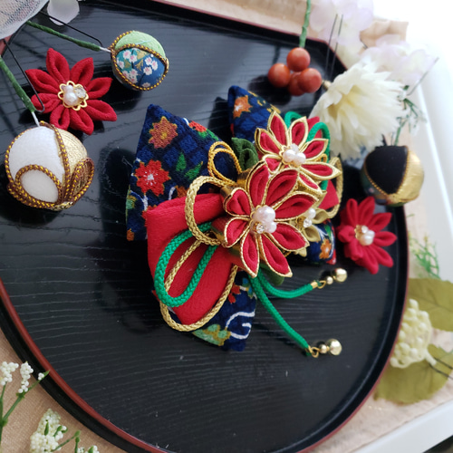 つまみ細工リボン髪飾り ちりめんボール 七五三 成人式 卒業式  