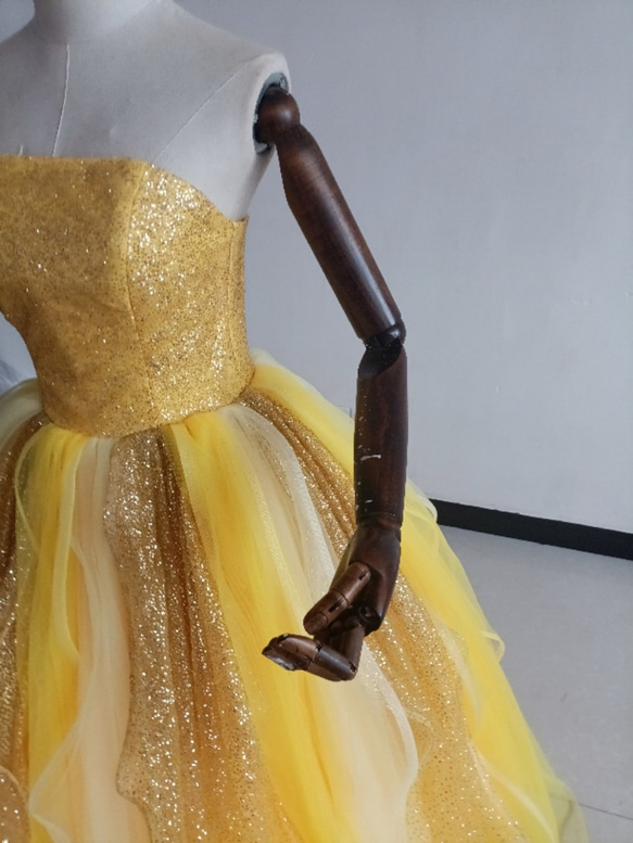 イエローキラキラチュールイエロードレス 可愛い 編み上げ プリンセスドレス オーバードレス 3枚目の画像