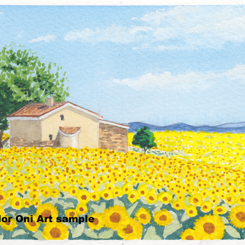 ひまわり畑」透明水彩画 原画 風景画 額縁付 ハガキサイズ 絵画 ひまわり畑」透明水彩画 原画 風景画 額縁付 ハガキサイズ 絵画