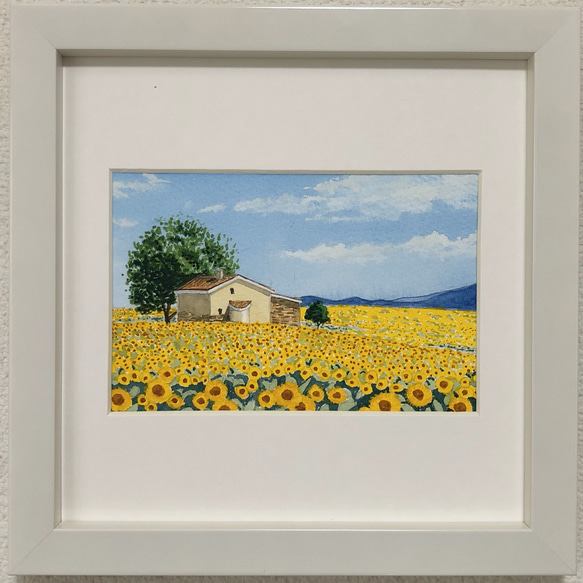 ひまわり畑」透明水彩画 原画 風景画 額縁付 ハガキサイズ 絵画 ひまわり畑」透明水彩画 原画 風景画 額縁付 ハガキサイズ 絵画
