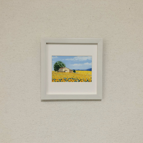 ひまわり畑」透明水彩画 原画 風景画 額縁付 ハガキサイズ 絵画 ひまわり畑」透明水彩画 原画 風景画 額縁付 ハガキサイズ 絵画