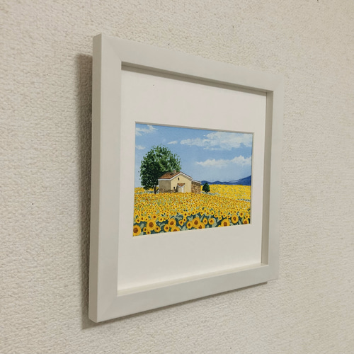 ひまわり畑」透明水彩画 原画 風景画 額縁付 ハガキサイズ 絵画