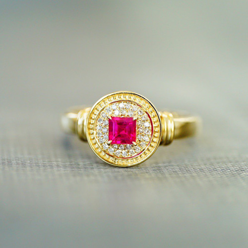 受注制作「徽章」K18 天然ルビー 天然ダイヤモンド リング 純愛 女性