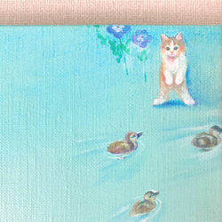 猫とネモフィラの夢＊オーダーメイド油彩原画＊優しい油絵　ペット　水色　淡い　キャンバス　グラデーション　癒し　インテリア 4枚目の画像