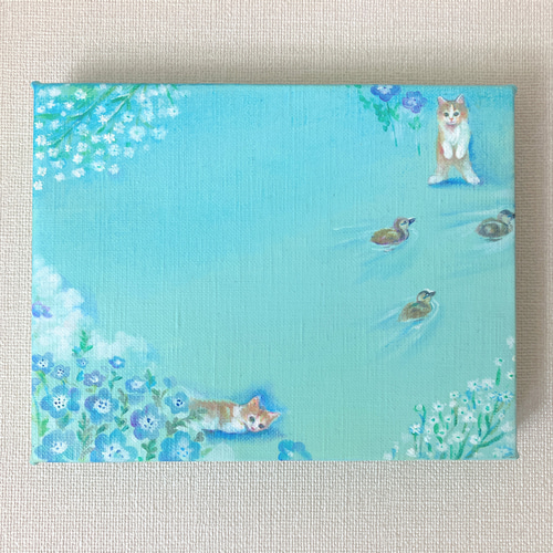猫とネモフィラの夢＊オーダーメイド油彩原画＊優しい油絵 ペット 水色